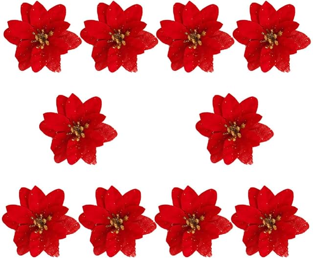 ABOOFAN 10pcs Artificial Christmas Poinsettia Flowers Christmas Tree Decoration Ornaments for Wreath Decoration Party Red