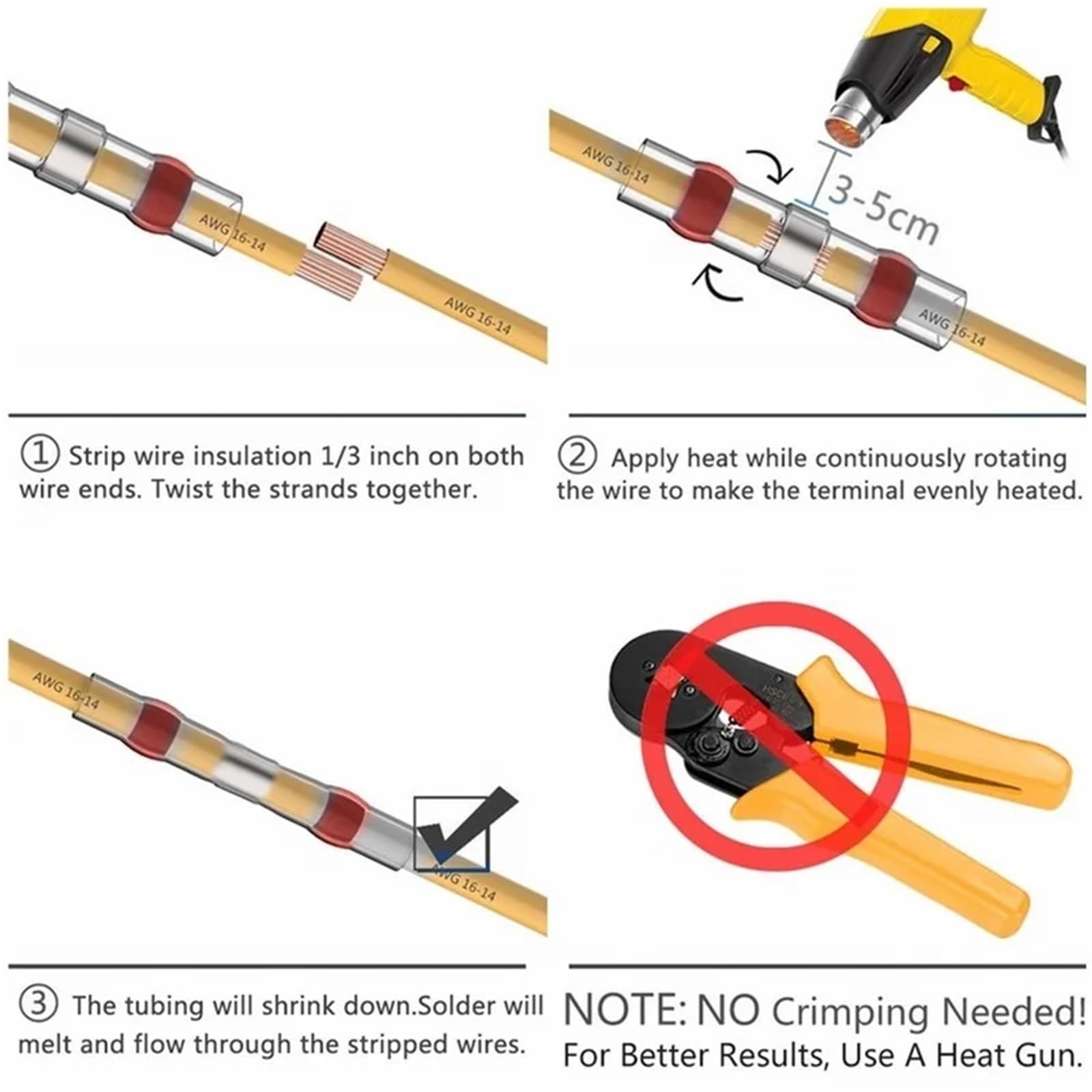 Terminales termorretráctiles de 100 a 5000 piezas, con aislamiento manguito soldadura, empalmes eléctricos a tope, conectores cable impermeables para cables(Yellow AWG 12-10,2000PCS)
