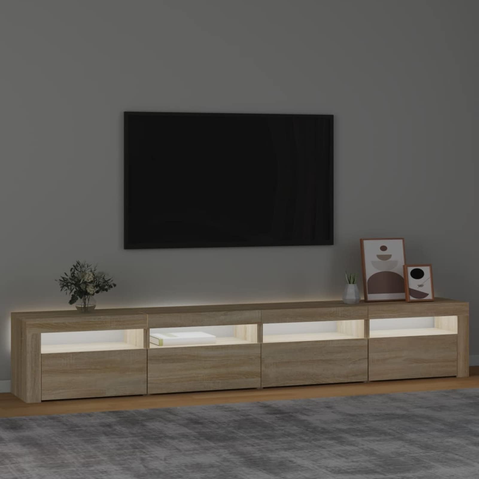 IKAYAA Mueble para TV de 240 cm Con Iluminación LED, Armario Bajo, Aparador Salón, Diseño Moderno y Elegante, Roble Sonoma, 240 x 35 x 40 cm