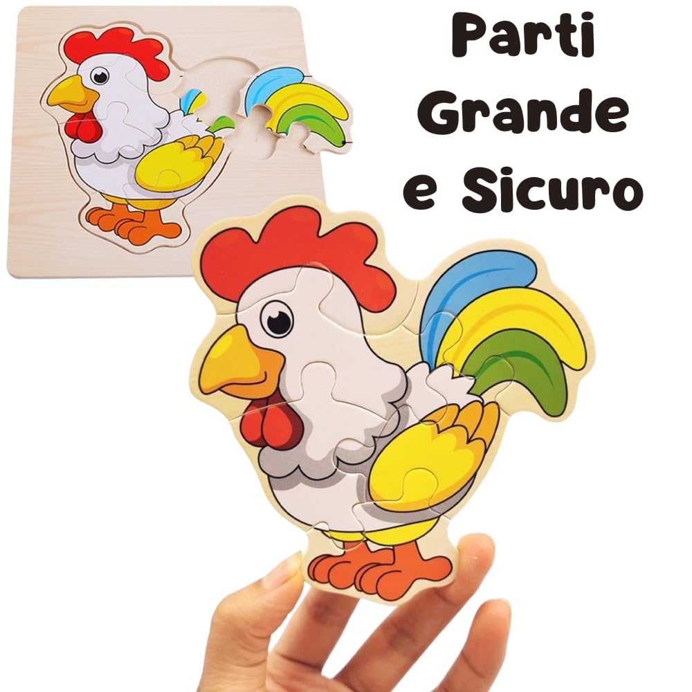 16 PCS Puzzle in Legno per Bambini di 1, 2 anni e 3, Regali per Compleanni e asilo nido, Giocattoli Educativi Montessori, Regali Originali, Puzzle in Legno con Animali (16 PUZZLE)