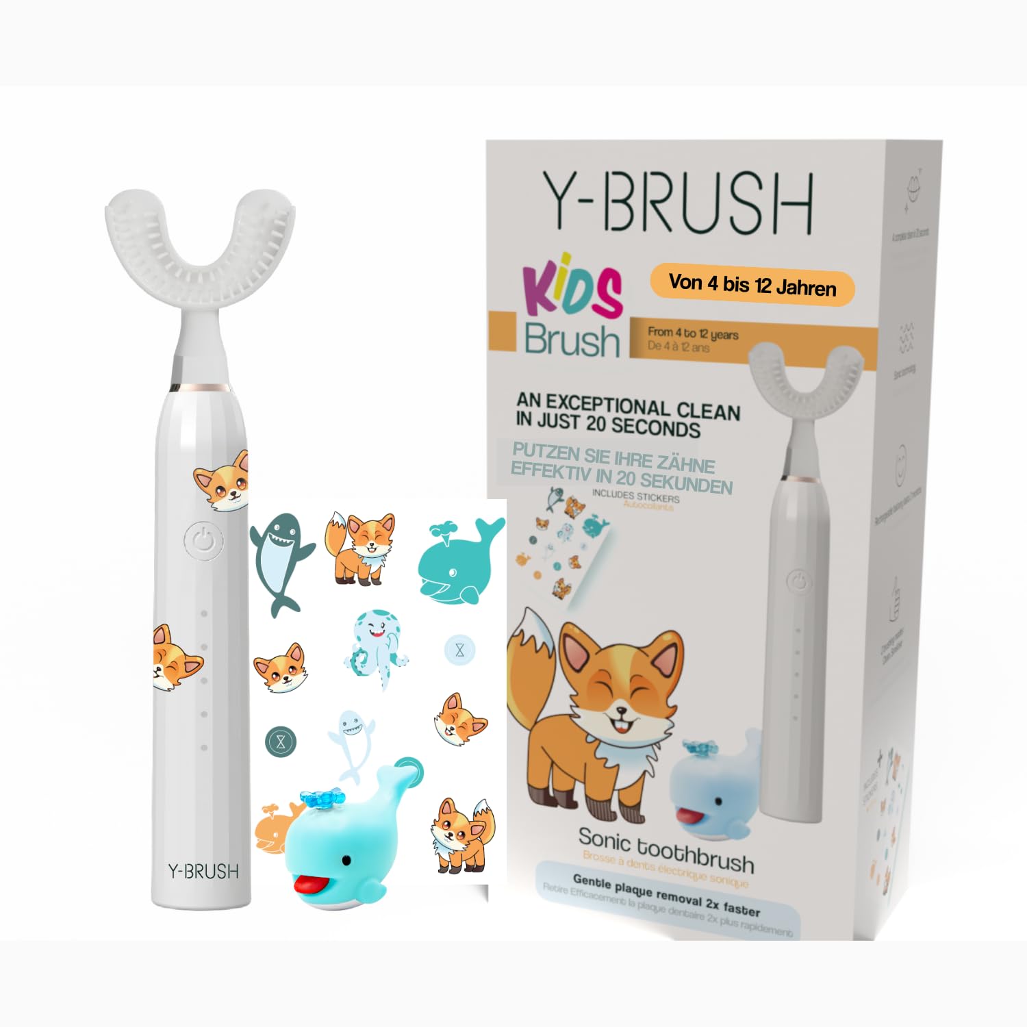 Automatische Zahnbürste Kinder U-Form Y-Brush KidsBrush Schall – ab 4 J. | Schluss mit dem Abendkampf: 20 Sek. in U-Form | Schall | von Zahnärzten | 2× effizienter | IPX7 wasserdicht | 4-12 Jahre