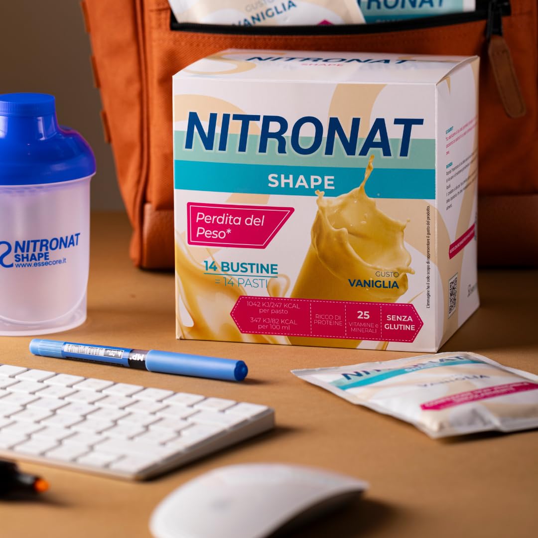 NITRONAT Shape - Pasto Sostitutivo Dimagrante 14 Bustine – Ricco di Proteine, 25 Vitamine e Minerali – 247 kcal per Porzione, Senza Glutine per il Controllo del Peso