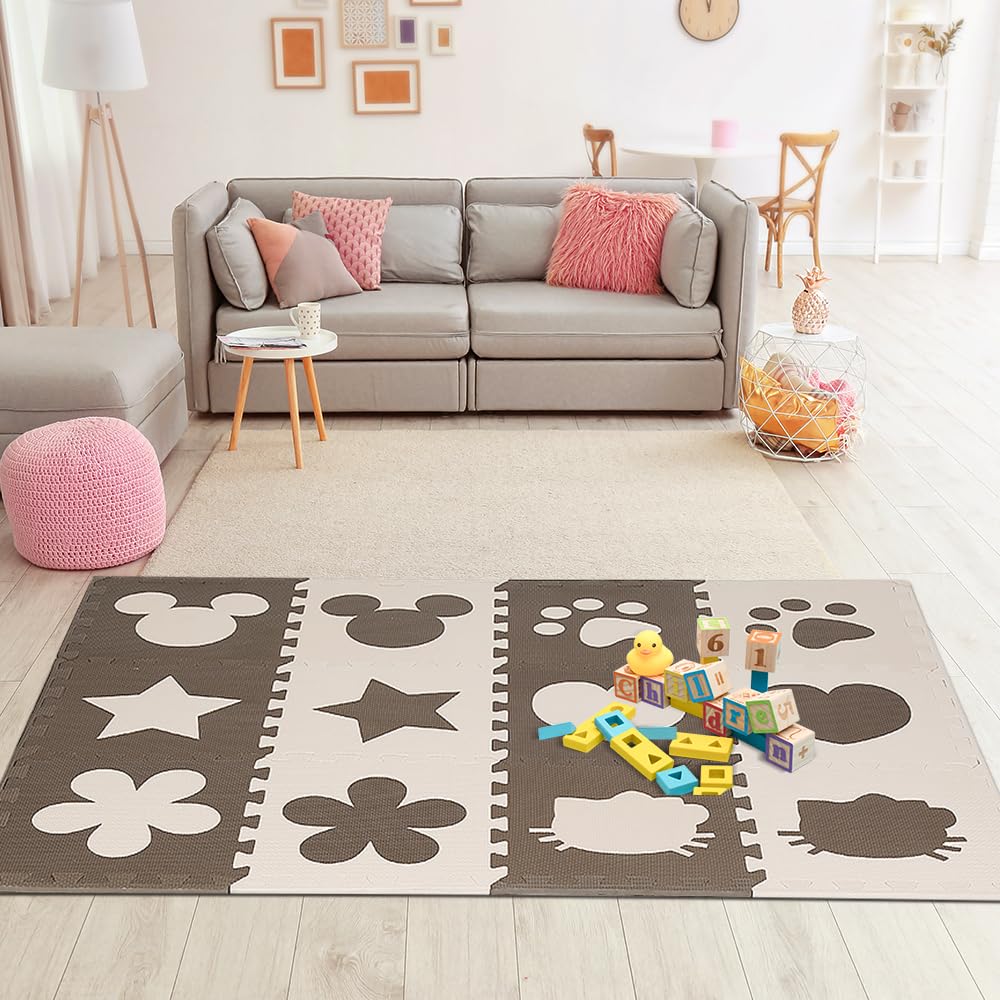 36 Tapis de Sol épais - Bébé et Enfant dès 0 Mois Dalles Puzzle Carré en Mousse EVA,avecétoiles, Fleurs, Coeurs, Chats, Coussin de Mousse de Couture, Sol de Puzzle, Tapis de bébé Anti-dérapant