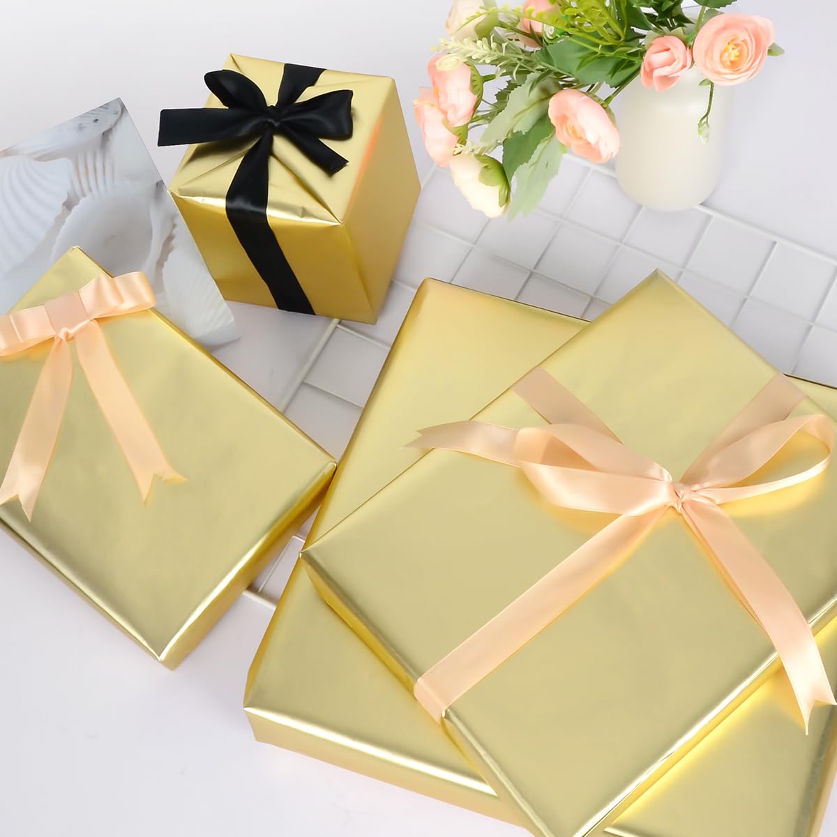 Papel de Regalo Oro, 43 cm x 10 m Papel Regalo Oro Metálico para Navidad Cumpleaños Aniversario Bodas