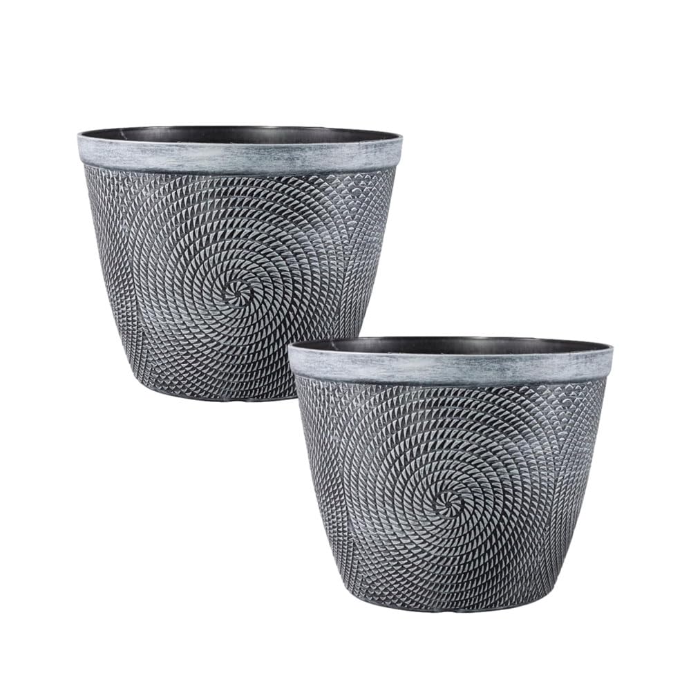 Round Grey Plastic Spiral Plant Pot – Glossy Modern Indoor & Outdoor Planter with Drainage Holes | Frost Proof Decorative Garden Flower Pot for Patio, Balcony & Home (Spiral Planter, 23cm Grey, 2Pack)