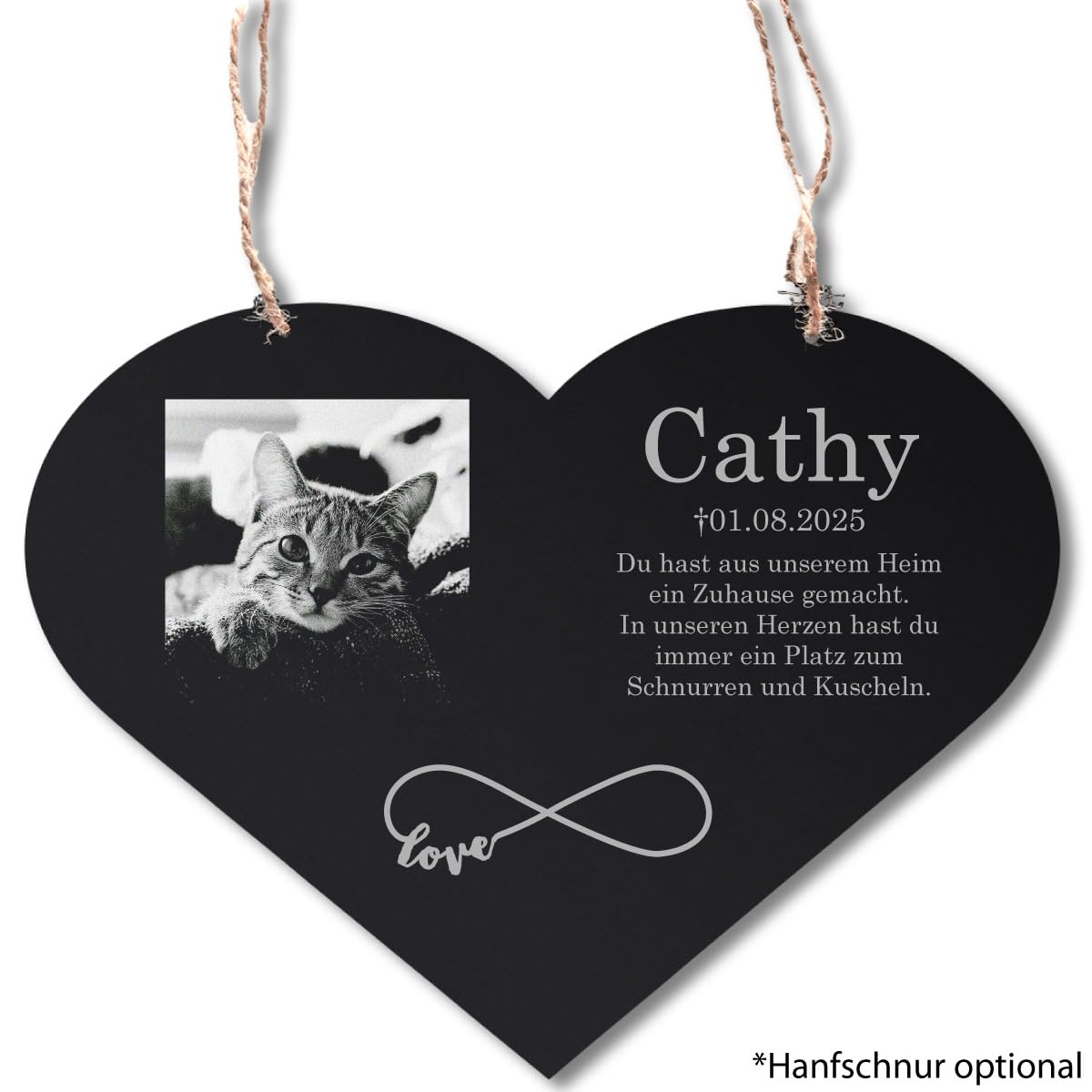Personalisierter Tier Herz Grabstein Grabschmuck mit Foto Gravur - Acrylglas Schwarz Hochglanz 300 x 225 mm - wetterfest, für Hund, Katze und alle Haustiere, individuelles Foto und Text