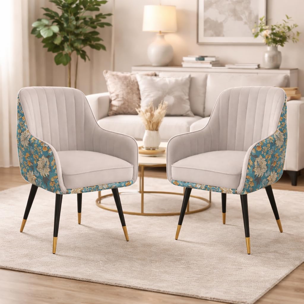 Velvet Chair for Home | Modern Accent Armchair in Soft Dual Velvet Fabric with Golden & Black Legs | Set of 2 Premium Accent Chair for Living Room Bedroom Restaurent | (Grey Floral)-image-44