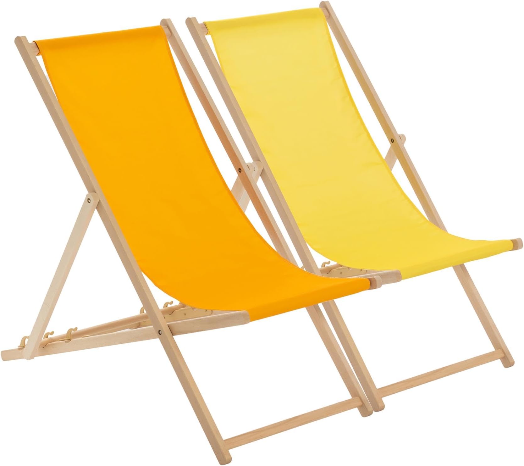 2 Piece Orange & Yellow Wooden Deck Chair Traditional Wood Folding Adjustable Garden/Beach Sun Lounger Recliner