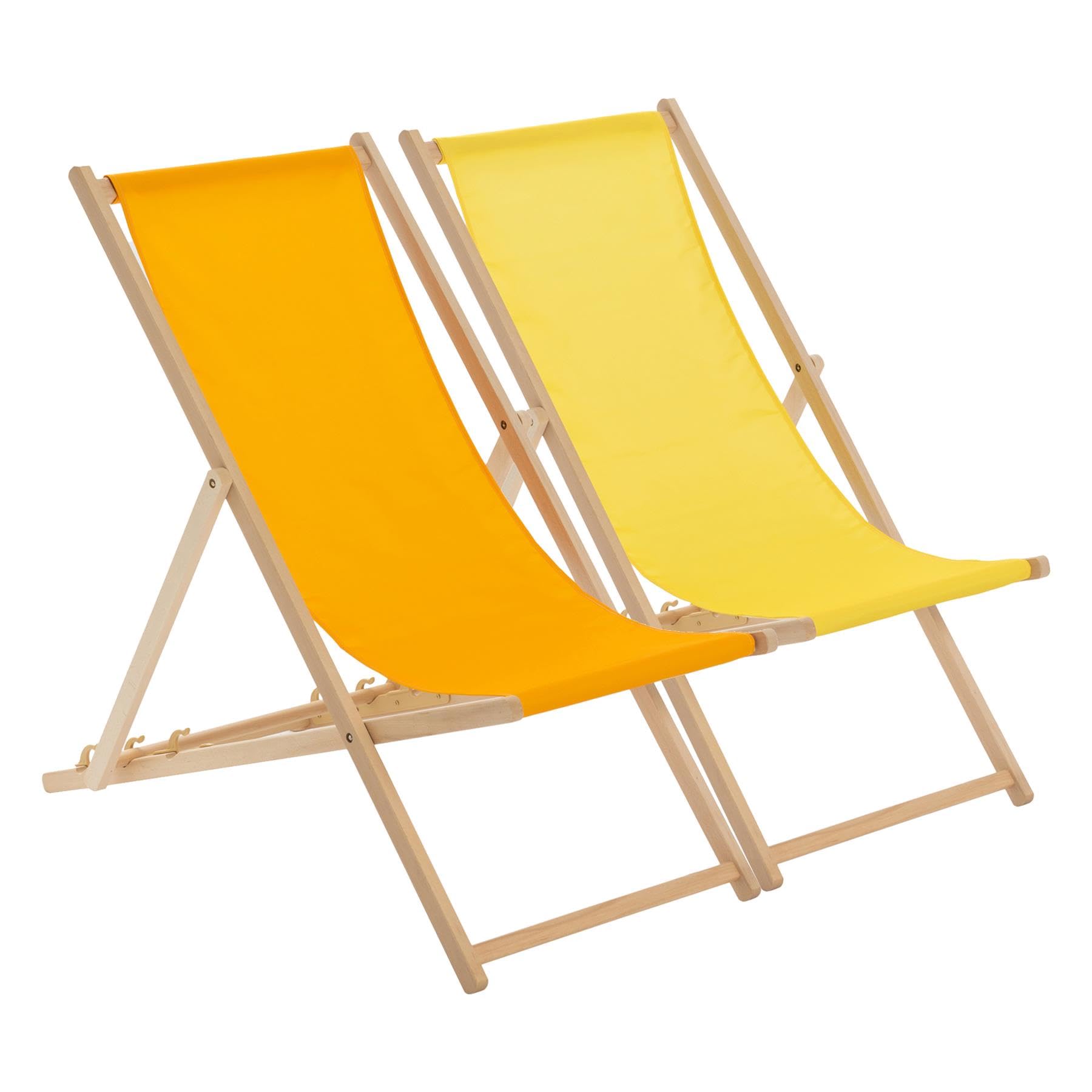 Harbour Housewares 2 Piece Orange & Yellow Wooden Deck Chair Traditional Wood Folding Adjustable Garden/Beach Sun Lounger Recliner