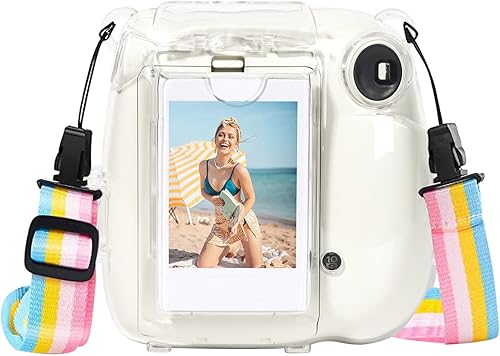 Rieibi Mini 7+ - Funda de cristal transparente para cámara instantánea Fujifilm Mini 7 Plus, versión mejorada con correa de hombro extraíble