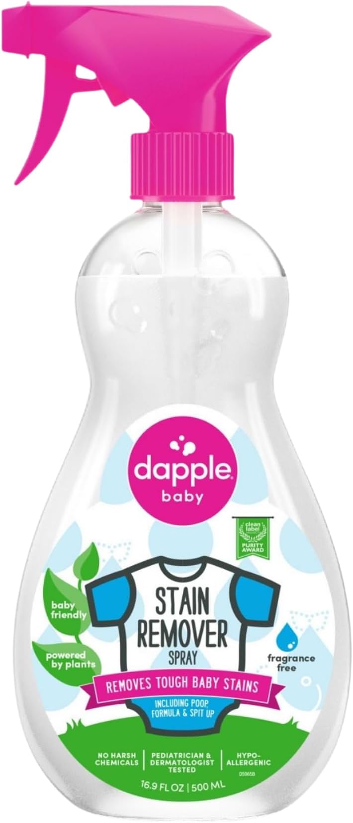 DAPPLE Stain Remover Spray, Powered by Plants, Fragrance Free, 16.9 Ounce Spray Bottle, Hypoallergenic, Baby Laundry Stain Remover for Clothes & Cloth Diapers