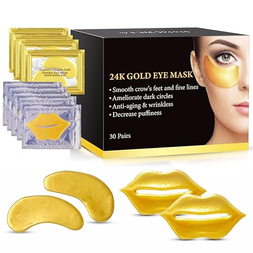 VERONNI Juego de 20 mascarillas para labios para ojos, 20 parches para debajo de los ojos, 10 máscaras de labios de oro de 24 quilates, tratamiento