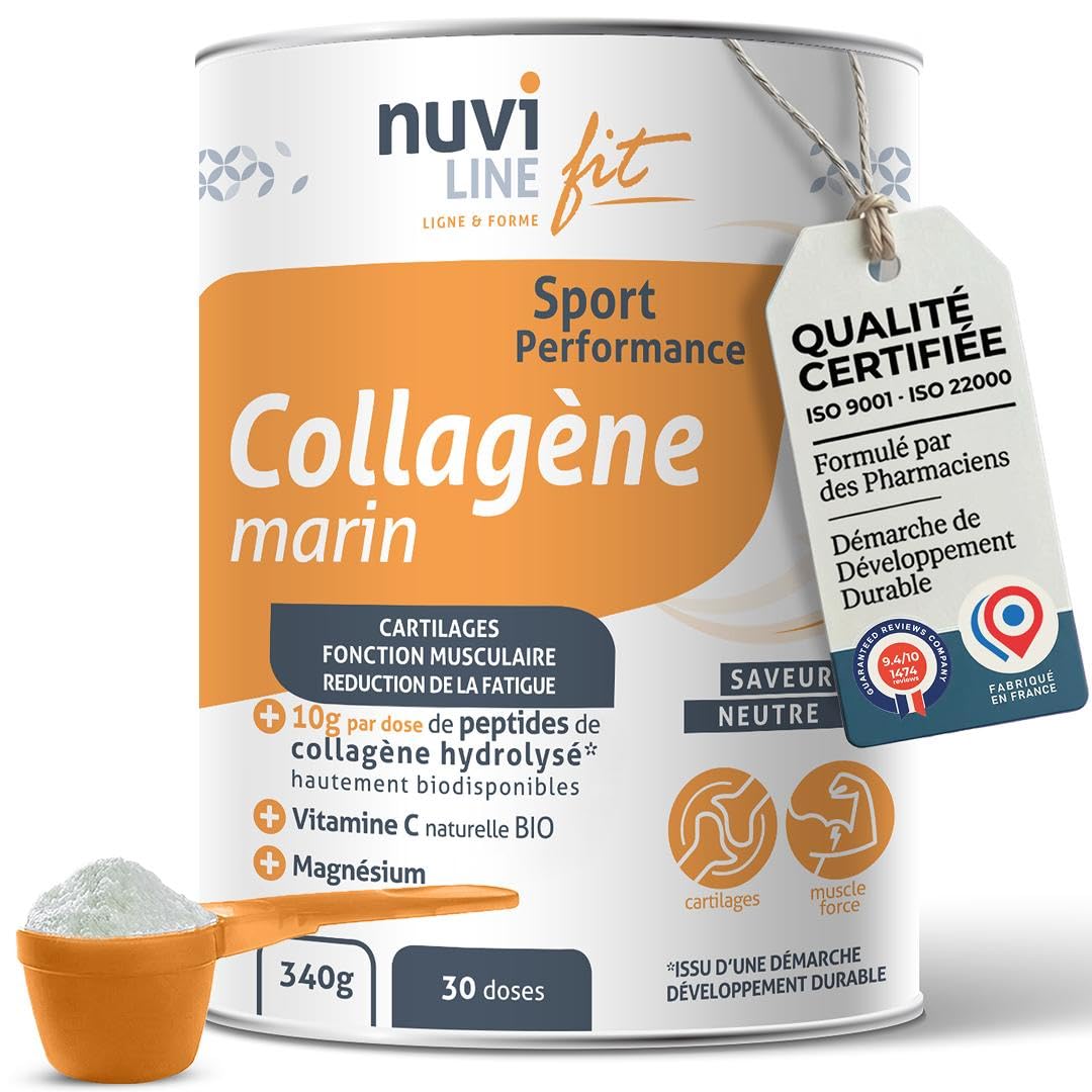 NUVILINE Fit - Collagène Marin Sport - Collagène Hydrolysé En Poudre - Vitamine C BIO + Magnésium - Muscles & Fatigue - Pre/Post Workout - Qualité Premium - Fabriqué En France - 340g (30 doses)