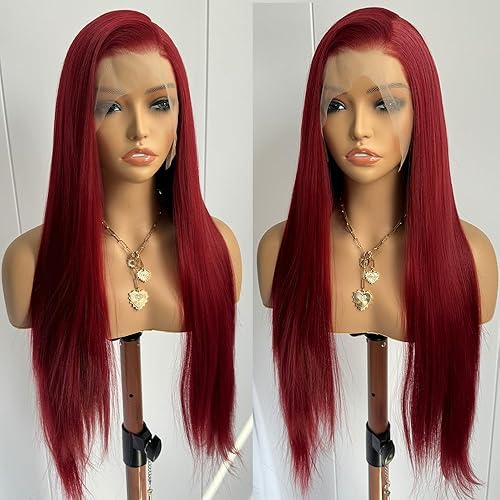 Miniatura 2 de RONGDUOYI RDY - Pelucas largas y sedosas con encaje frontal para mujer, pelucas sintéticas de color rojo vino prearrancadas de 24 pulgadas con línea