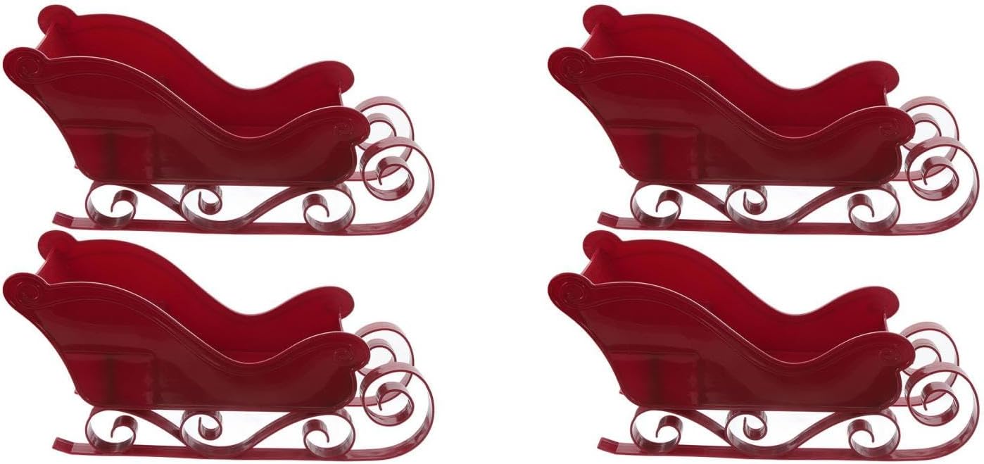 LOGOFUN 4 pcs Christmas Desk Sleigh Decoration Plastic Santa Claus Sleigh Figurine Red Sleigh Tabletop Ornament for Xmas Tree Decoration