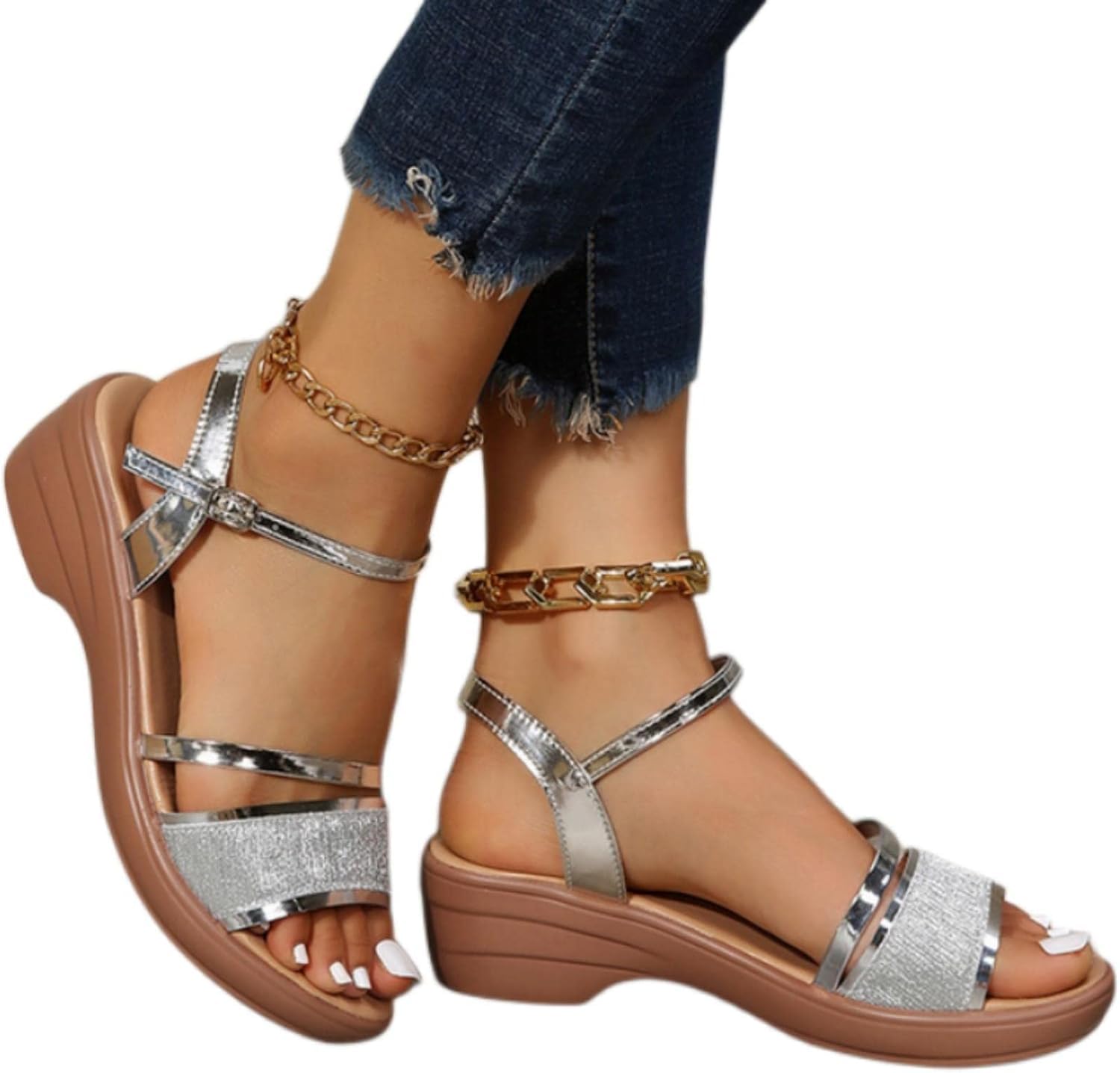 Sandales argent plate-forme pour femme avec talon épais compensé confortable