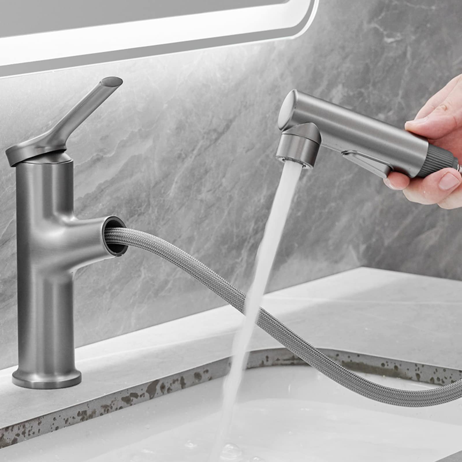 Robinet de lavabo extractible gris avec jet double mode eau chaude et froide