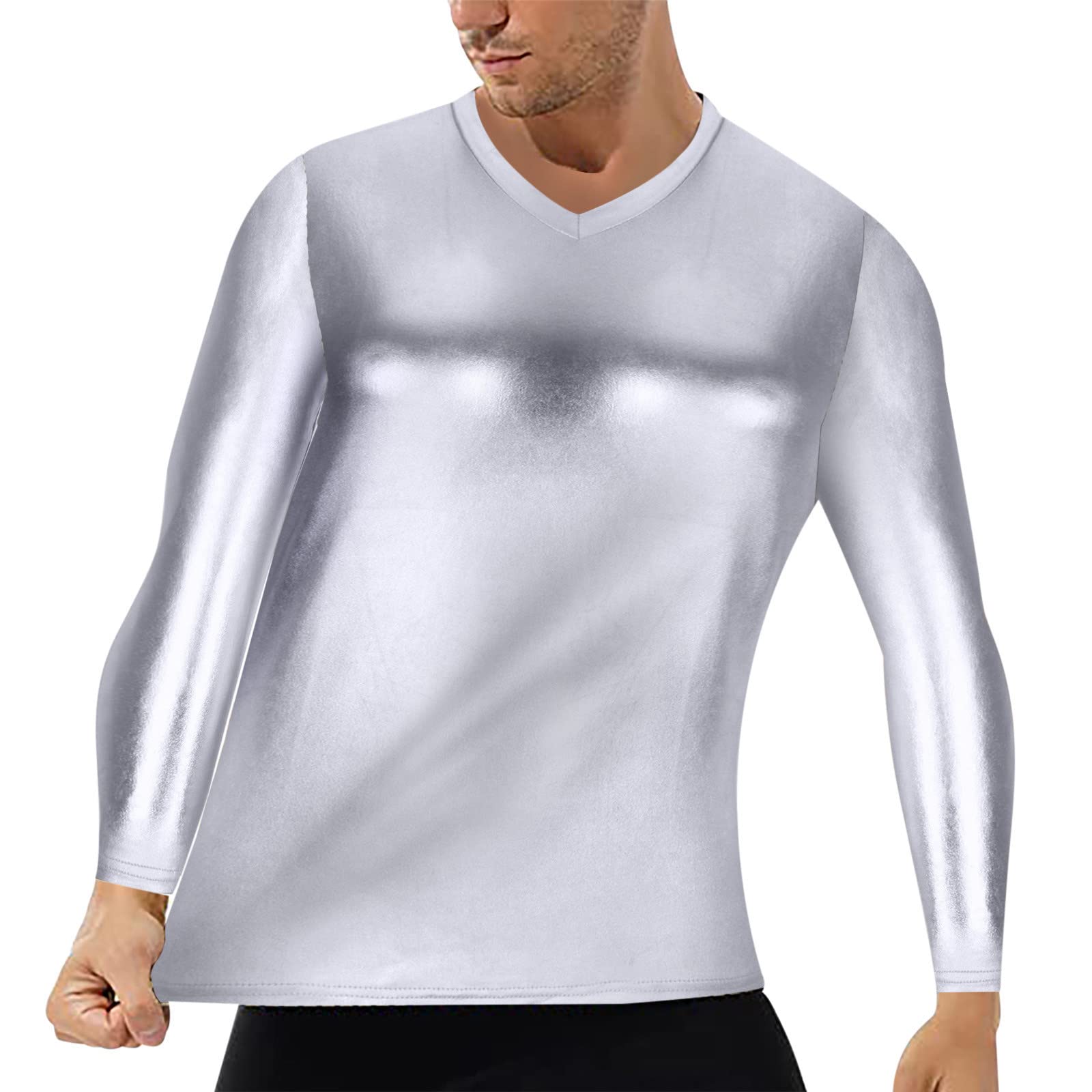 Mens Metallic Shiny T-Shirts Long Sleeve V-Neck 70s Disco Party Shirts Sparkly Glitter Nightclub Tops