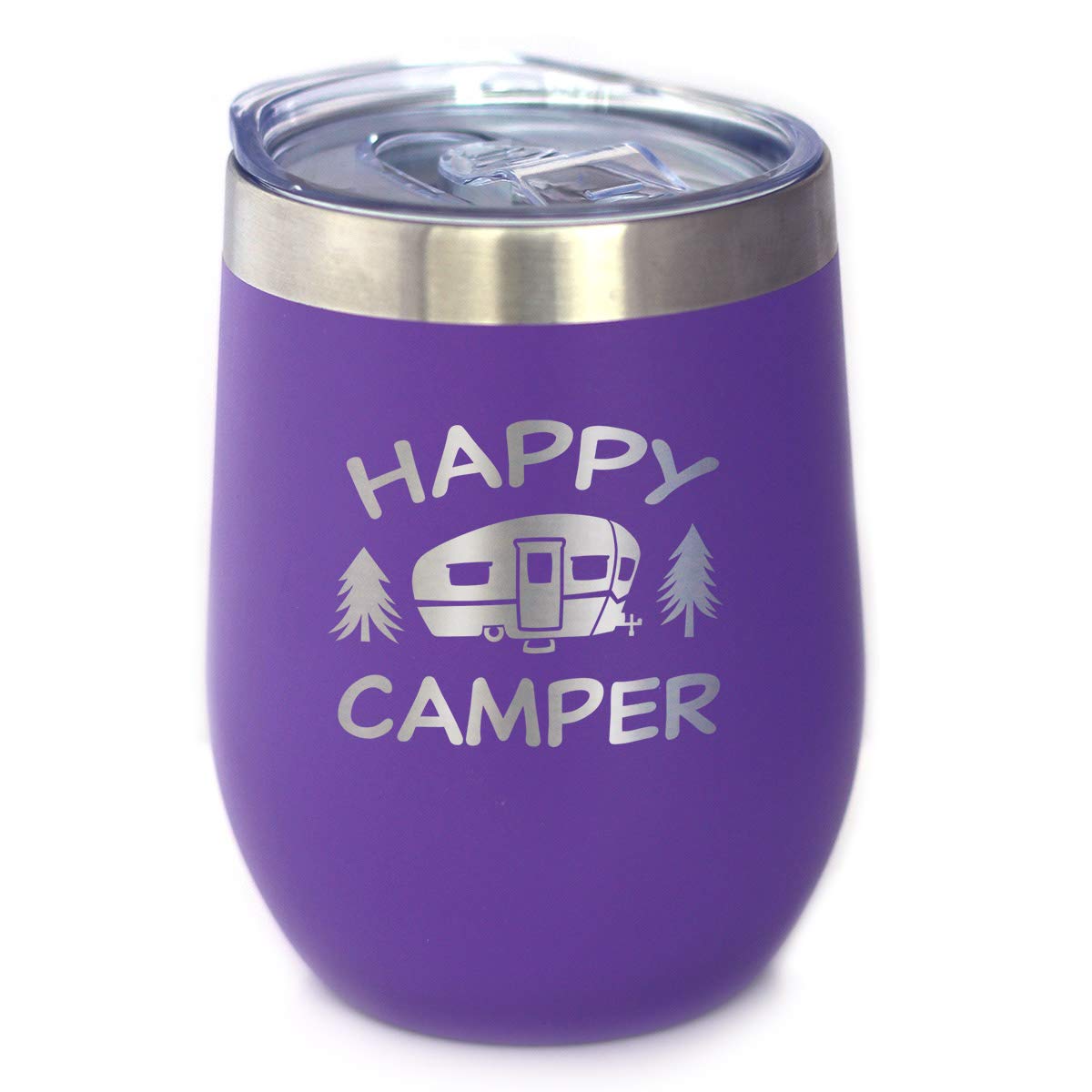 Bevvee Happy Camper Wine Tumbler with Sliding Lid - Stemless Stainless Steel Insulated Cup - Cute Outdoor Camping Mug - Purple
