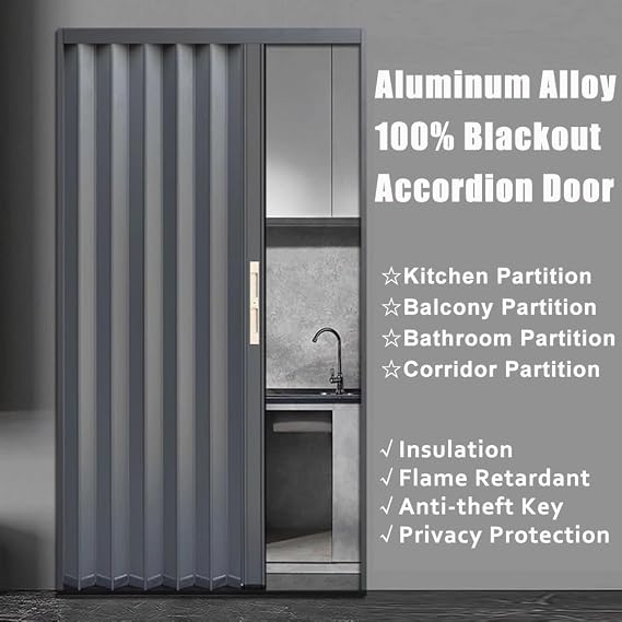 Accordion Sliding Door with Lock, Waterproof & Fireproof Aluminum Alloy Folding Divider Door for Kitchens, Balconies, Bathrooms(Gray Right,750x1000mm)