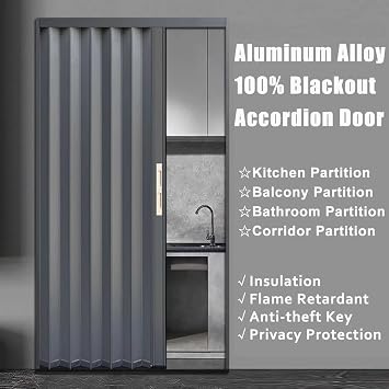 Accordion Sliding Door with Lock, Waterproof & Fireproof Aluminum Alloy Folding Divider Door for Kitchens, Balconies, Bathrooms(Gray Right,750x1000mm)