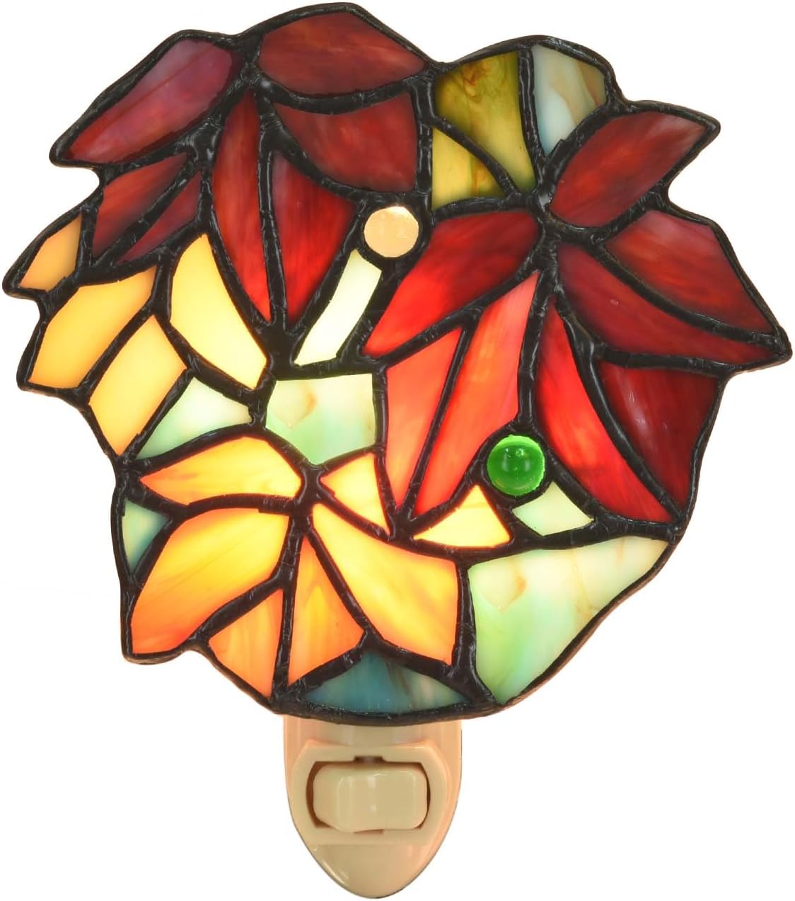 Bieye L10895 Tiffany-Style Stained Glass Maple Leaves Wall Plug Night Light - 5-Inch Wide