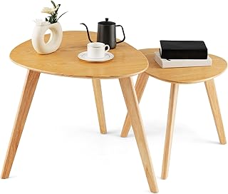COSTWAY Nesting Coffee Tables Set of 2, Triangle Stackable Small Sofa Side Table, Solid Wood Nightstand Accent Cocktail Table End Tea Tables for Living Room, Bedroom and Balcony, Natural