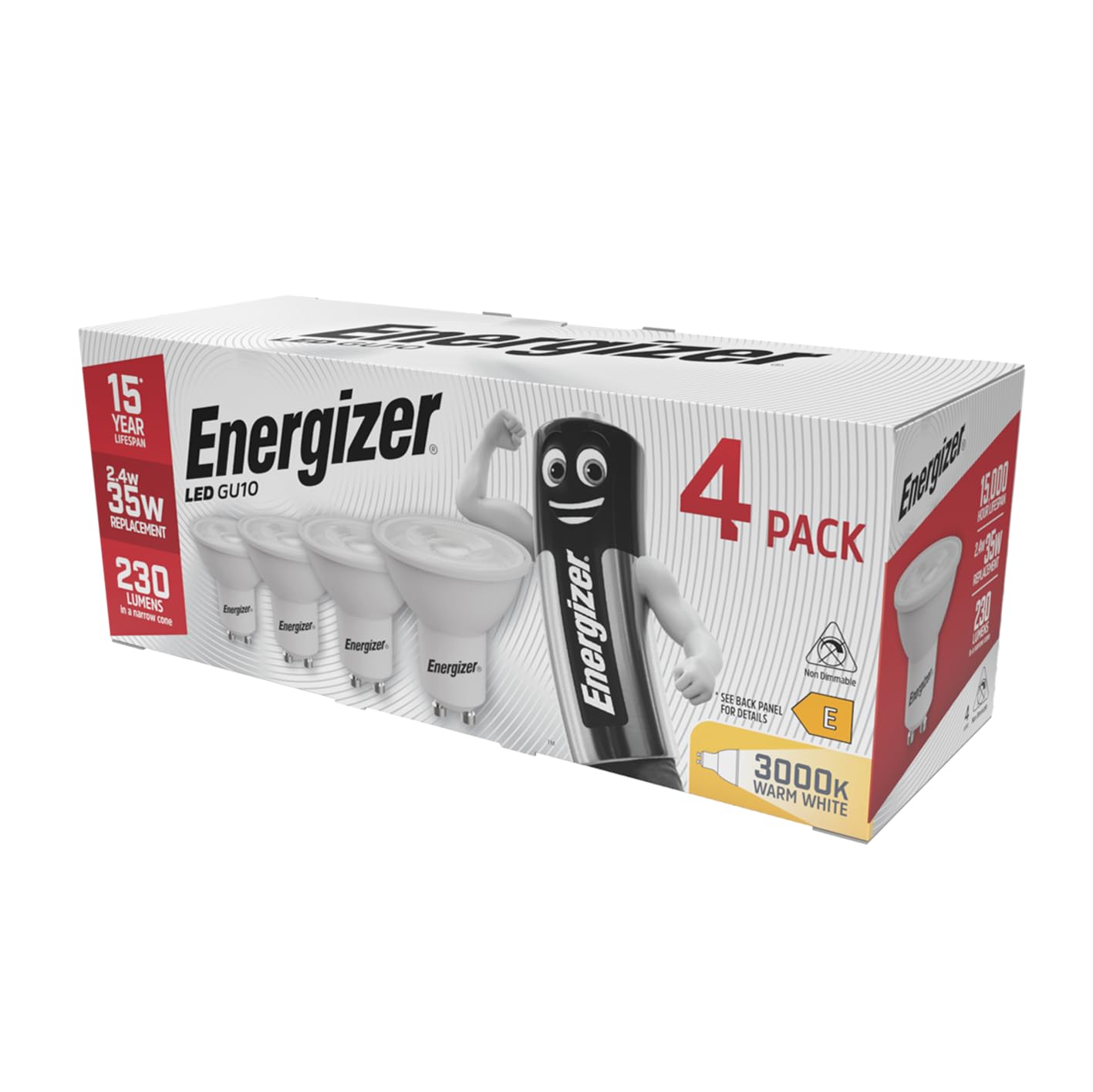 Energizer Warm White 3000K Gu10 Led Bulbs Light Bulb Pack Of 4 – 35W Halogen Spotlight Bulb Equivalent Replacement – 230Lm Energy Saving 2.4W Gu10 Non Dimmable Led Bulbs