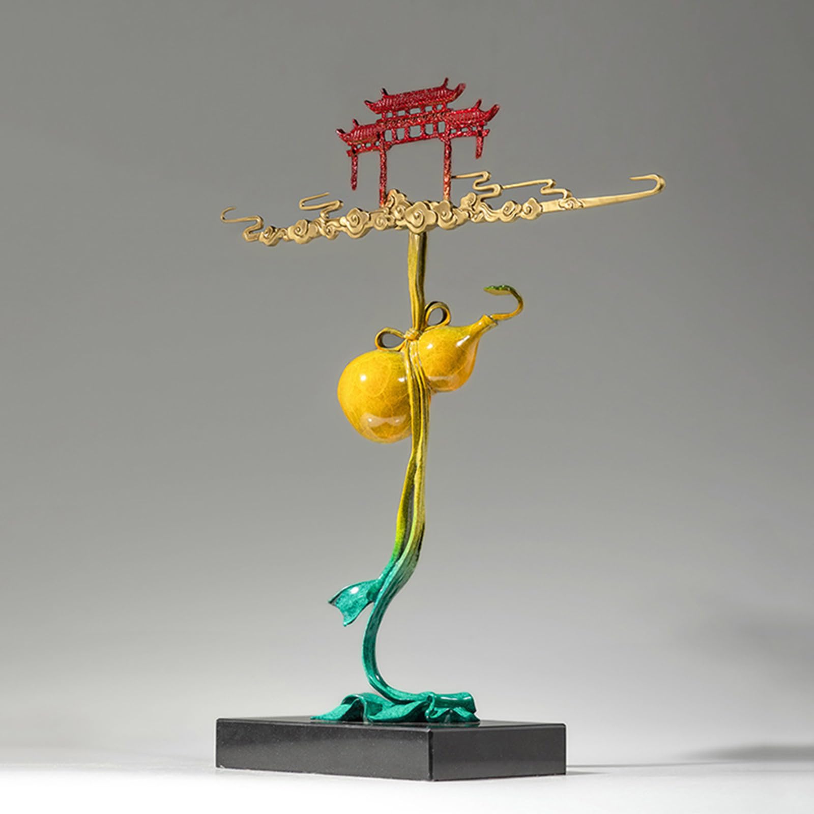 Kreatywna mosiężna tykwa statua Feng Shui Pałac przebijający chmury | Kolorowa miedziana ozdoba artystyczna do salonu, szafki TV, biurka (65 x 10 x 70 cm)