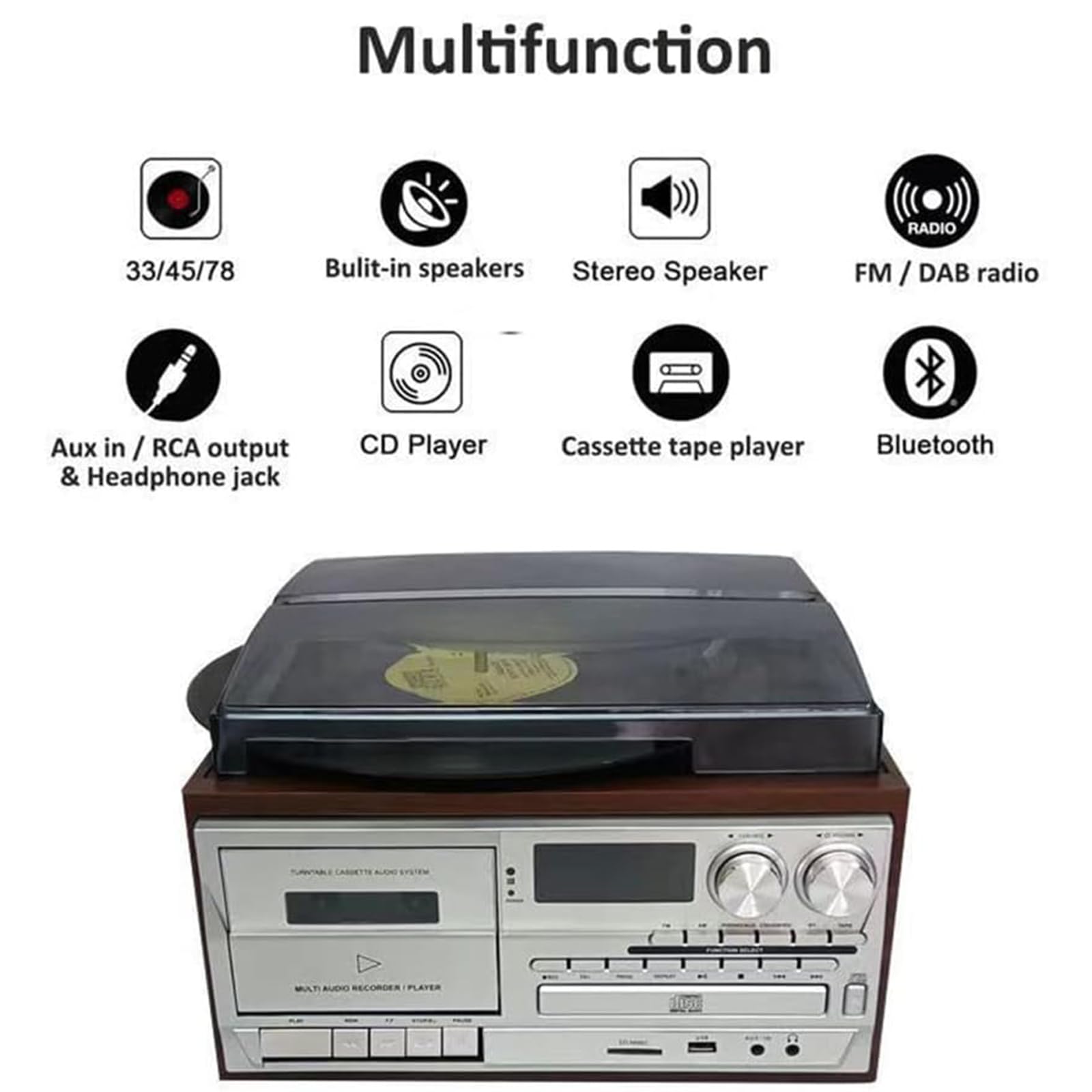 Giradischi retrò, Lettore CD 10 in 1 con Bluetooth E Lettore di Cassette, Giradischi A 3 velocità E Lettore di Cassette, con Telecomando E Altoparlanti Integrati, per Intrattenimento, Ufficio