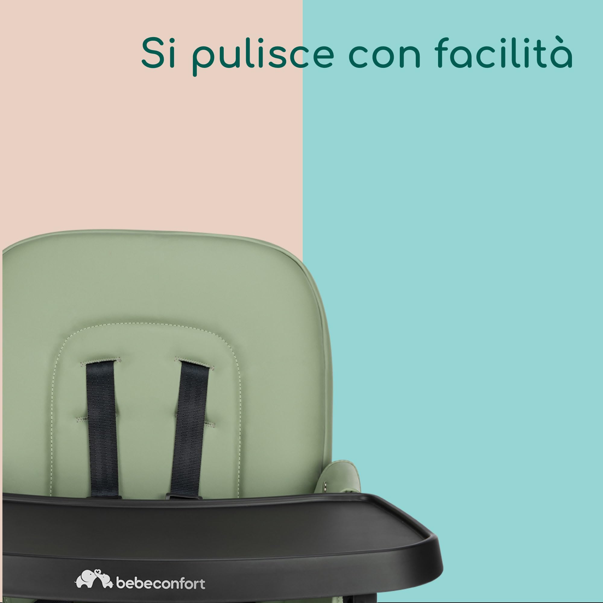 Bebeconfort Mallow, Seggiolone pappa 0 36 mesi, 0-15 kg, Seggiolone pieghevole ultracompatto, Leggero 5.6 kg, Chiusura facile e veloce con una mano, Facile da Pulire, Mineral Green