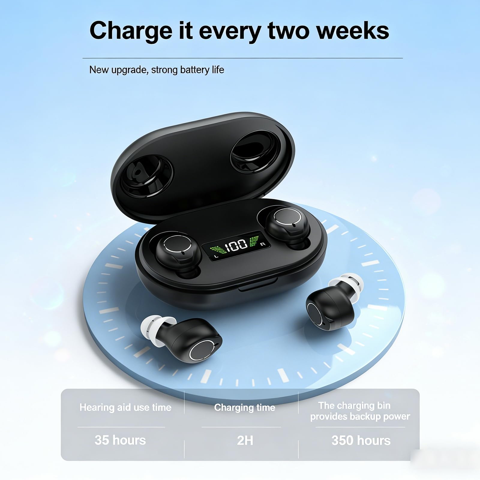 Dispositivo audio ricaricabile per anziani e adulti, dispositivo audio digitale con auricolari in-ear leggeri da 3,2 g, accensione anti ululo, comandi touch e custodia di ricarica LED (nero)