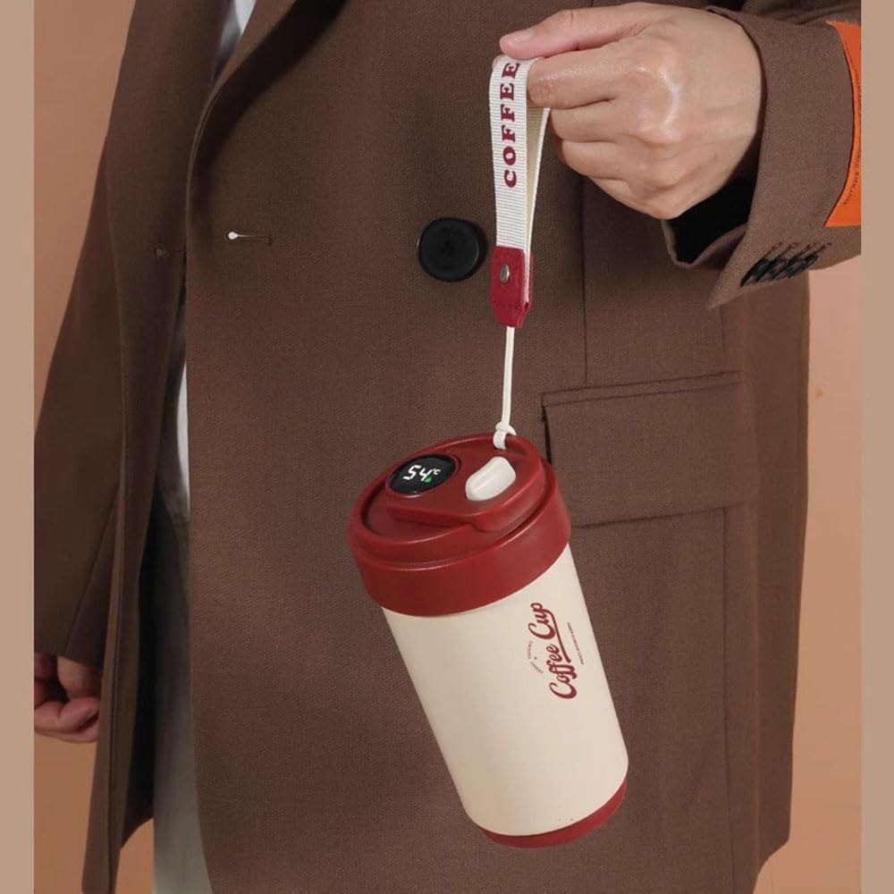 Kubek podróżny 450 ml kubek termiczny ze stali nierdzewnej szczelna pokrywka czerwony, biały, czerwony i biały, czarny ceramiczny wkład, z linką do noszenia, z klamrą blokującą do zimnych