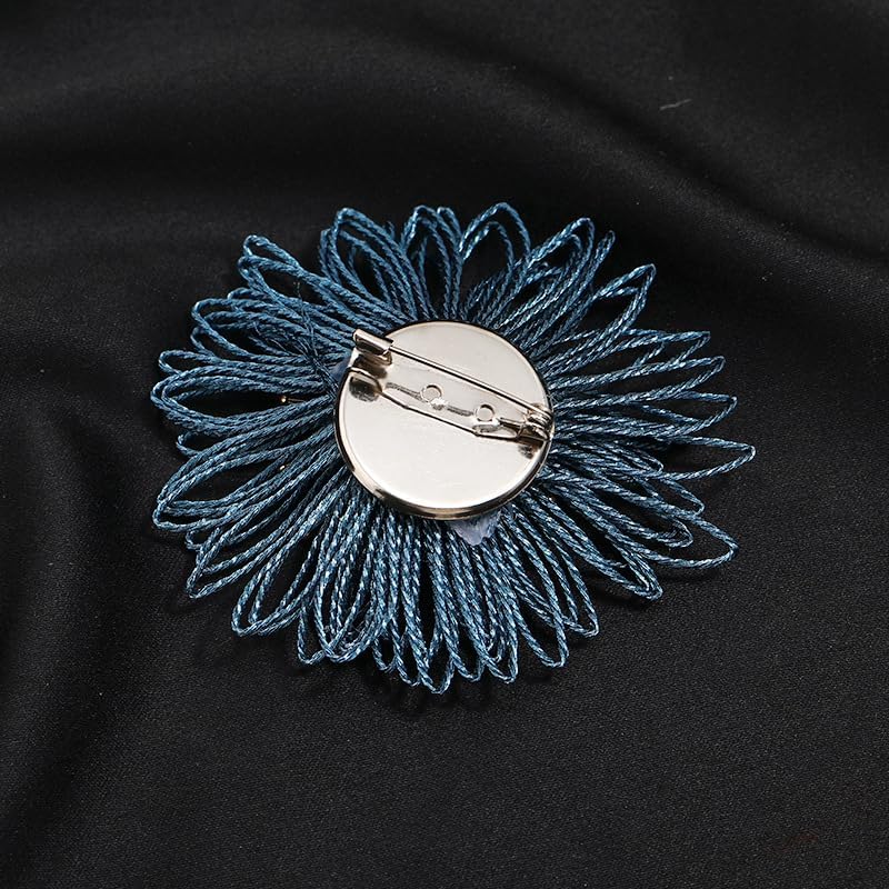 Dainty Mesh Flower Brooch Pin for Women Girls Fashion Fabric Leaf Crystal Acrylic Ball Bead Pistil 3D Floral Brooches Lapel Pins Elegant Dress Accessories Wedding Event Holiday Festival Jewelry Gift (Blue Daisy) - Image 5