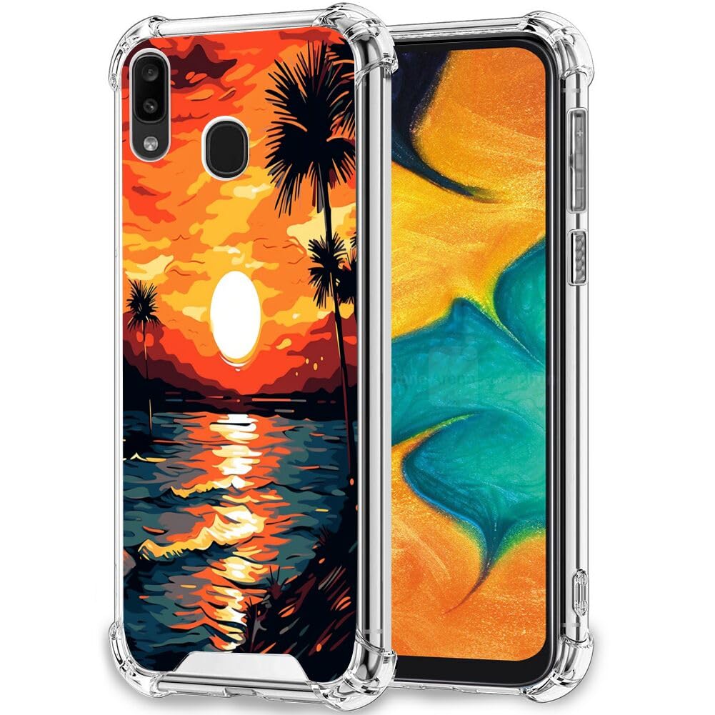 DAFEITransparent Phone Case for Samsung Galaxy A30/A20 with Beach Sunset Palm-Art cc120 Pattern Clear Four-Corner Airbag Reinforced Anti-Scratch and Shock-Proof Protective Phone Cover