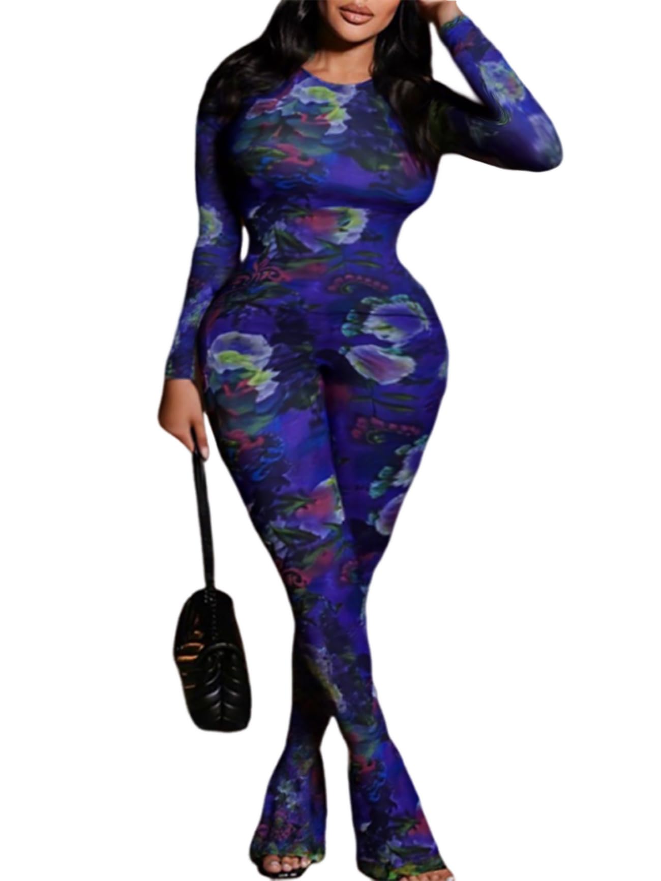 acelyn Women Sexy Two Piece Outfits Mesh Printed Bodycon Flared Pants Sets Club Going Out Birthday Outfits