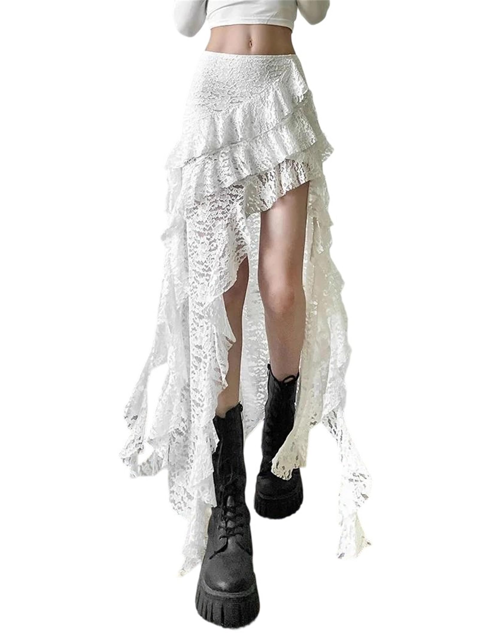Womens Asymmetrical Maxi Skirt Slim Fit Ankle-Length with Multi-Layered Ruffles Lace Patchwork and Tassel Accents