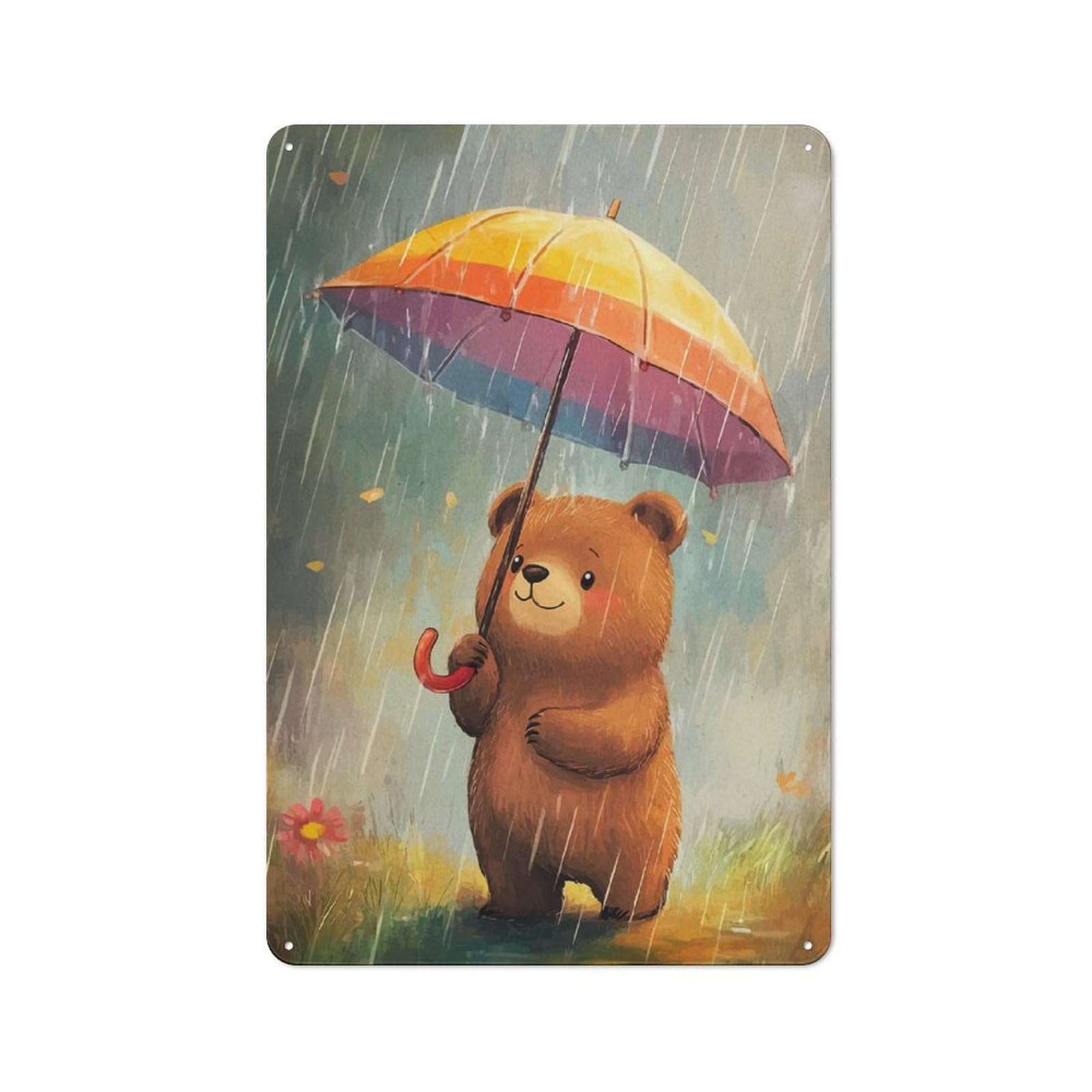 Junmoney Style-21 Cute Bear With Umbrella In Rain Vintage Metal Sign 30X20cm For Hobby Room Or Studio, Housewarming Present For People Styling Hobby Room And Studio
