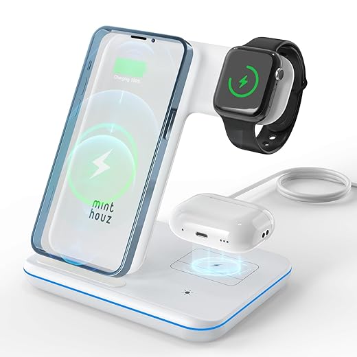 Minthouz 3 in 1 Wireless Charger (18W QC3.0 Adapter Included),15W Fast Wireless Charging Station for Smart Phone/iWatch/TWS Earphones, Compatible with iPhone 15 14 13 12 11 X8 Series, Samsung S22-S21+