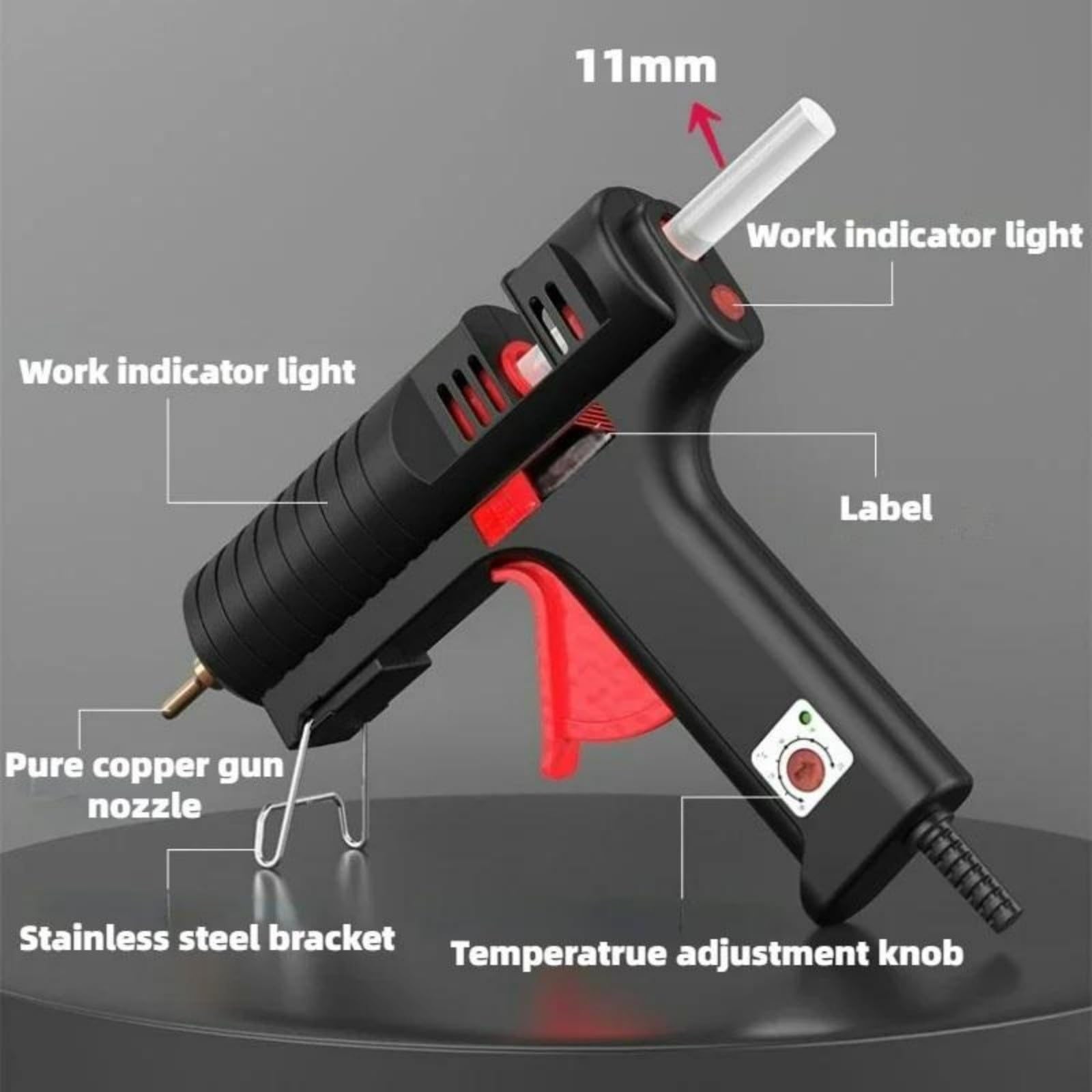 Pistola Silicona Caliente, Pistola de Pegamento Caliente de 11 mm, Temperatura Ajustable con Boquilla, 200 W, Pistola de Silicona Profesional Negra/Amarilla para Reparaciones(200w)