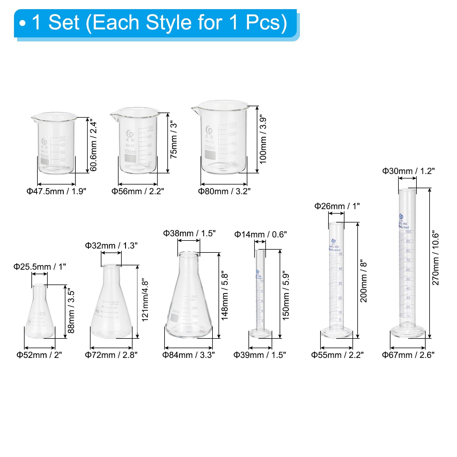 PATIKIL Juego Vaso Precipitados, Matraz Y Cilindro, Borosilicato 3.3 Tazas Medidoras 50/100/250ml, Cilindros Graduados 10/50/100ml, Matraces 50/150/250ml Experimentos Laboratorio