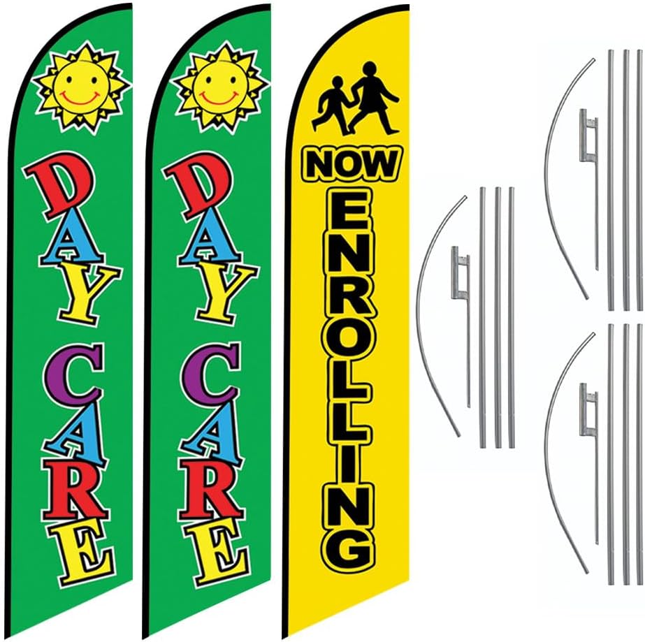 DAY CARE & NOW ENROLLING Feather Flag Swooper Banner Includes 15FT Pole Kits and Ground Spikes Eye catching Outdoor Advertising Signs for Childcare Centers – 2 Complete Sets