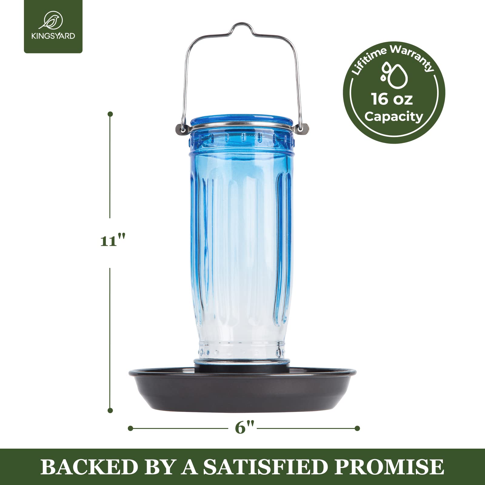 Kingsyard Comedero de agua para pájaros, dispensador de agua de vidrio de 16 onzas, dispensador de agua para pájaros con colgante de metal para decoración exterior de jardín, patio, azul