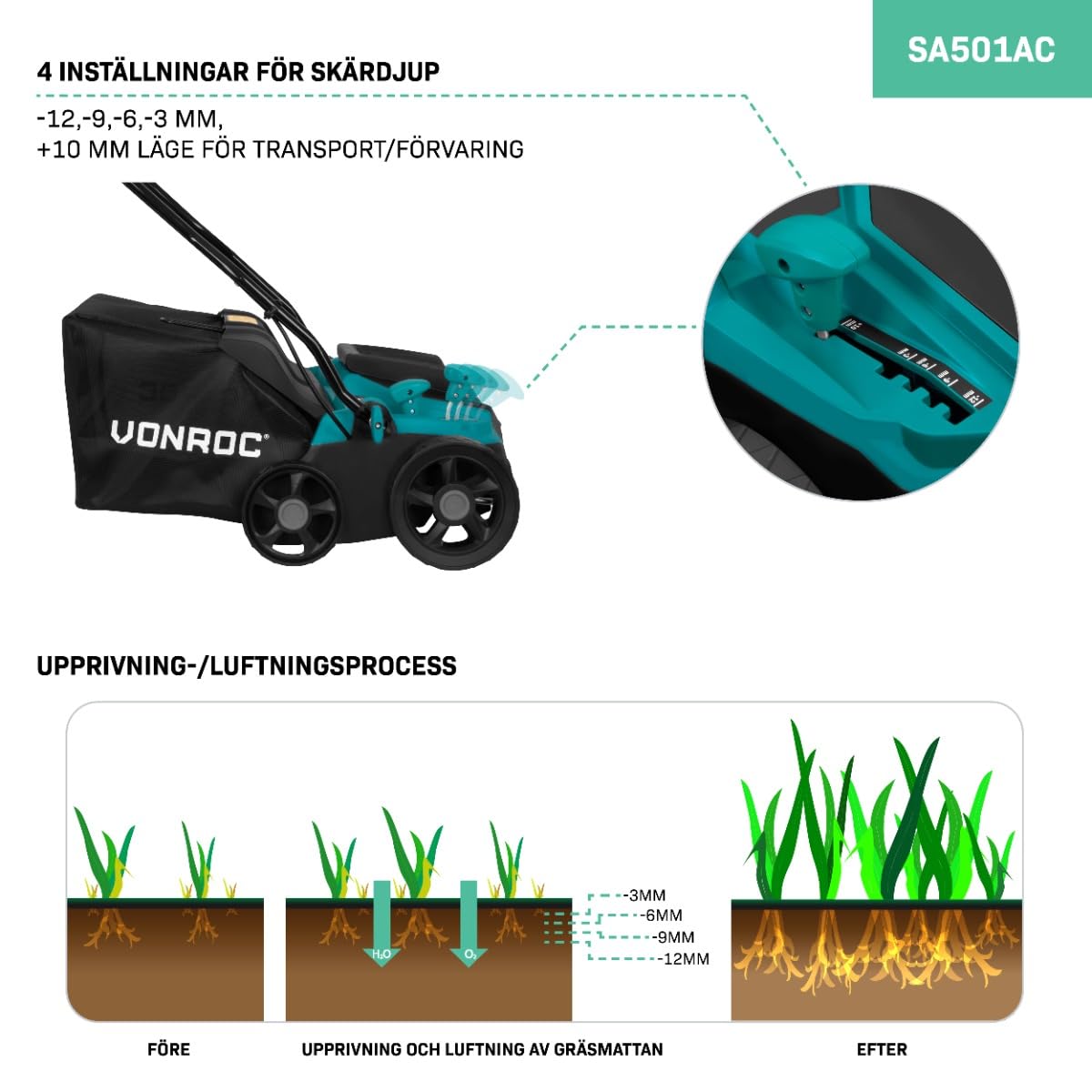 VONROC Escarificador - Aireador - 1300W - ancho de corte 320 mm - 4 ajustes de profundidad de corte (12/9/6/3 mm) - incl. caja de césped 35L