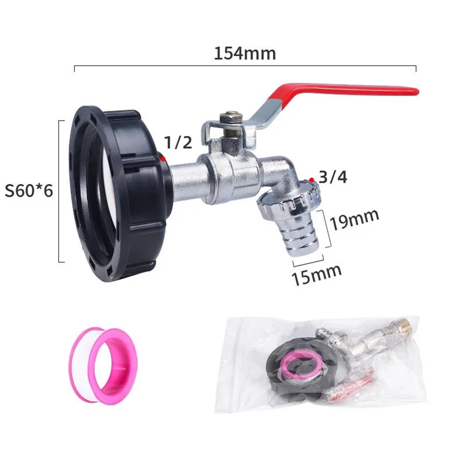 CMBSSTFC Adaptador de Grifo de Tanque IBC S60 * 6, Rosca Gruesa a Conector de 1/2 '' 3/4 '', válvula de Repuesto, Grifo de instalación para jardín y hogar (B)