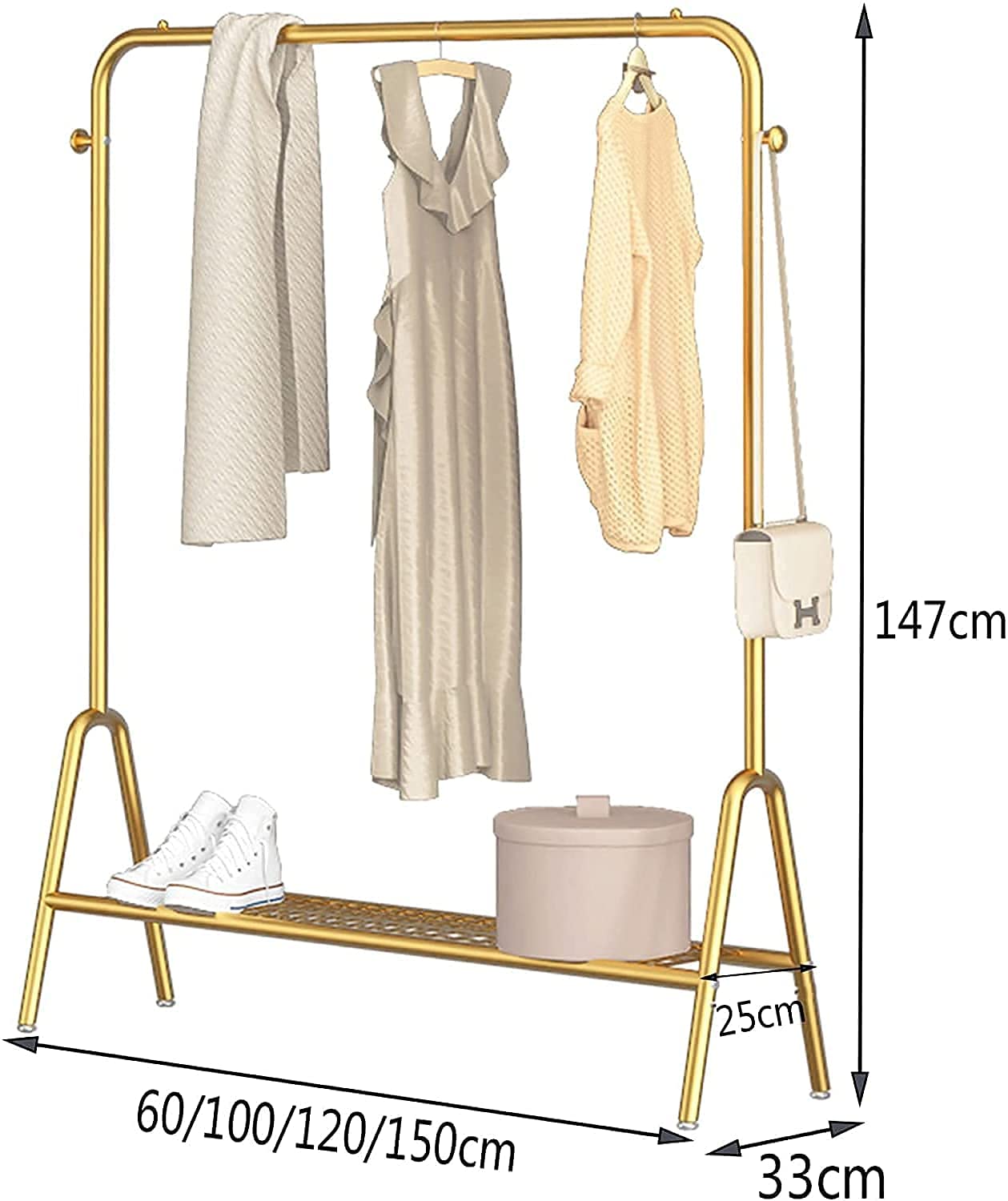 Schwerlast-Kleiderständer，Hochleistungs-Kleiderstange, Einpoliger, bodenstehender Kleiderständer aus Schmiedeeisen, mit 2 Haken und unterem Gestell, Schlafzimmergarderobe,Golden,100 cm,Golden,100 cm