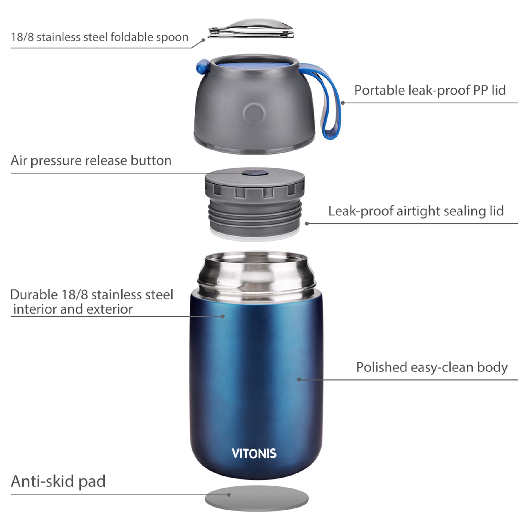 Recipiente térmico para alimentos, 500 ml y 700 ml, de acero inoxidable, con cuchara plegable, 2 recipientes aislantes, azul