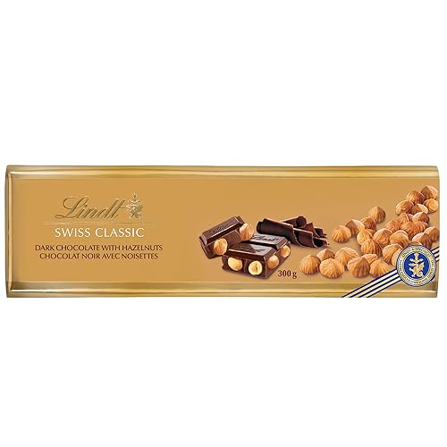 LINDT SWISS CLASSIC Gold Dark Chocolate Bar with Hazelnuts, 300 Gram Chocolate Bar - DARK CHOCOLATE WITH HAZELNUTS - 300g