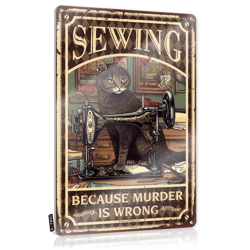 Sukecupqz Women's Colour Mancave Signs And Decor Funny Kitchen Tin Signs Cat Kitty Sewing Because Murderis Wrong Tin Sign Cottage Decorgoth Kitchen Decorcoffee Bar Decor Accessoriescute Office Supplies For Desk(30X40cm)