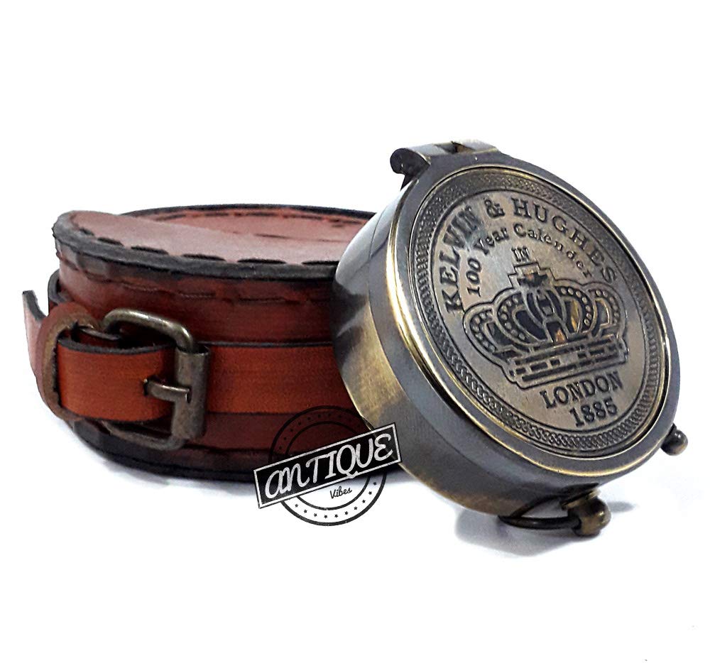 Vintage Calendar Brass Compasss with Case Leather Manual Magnetic Compass Camping-Traveling Sporting Goods(Sailor Gifts)